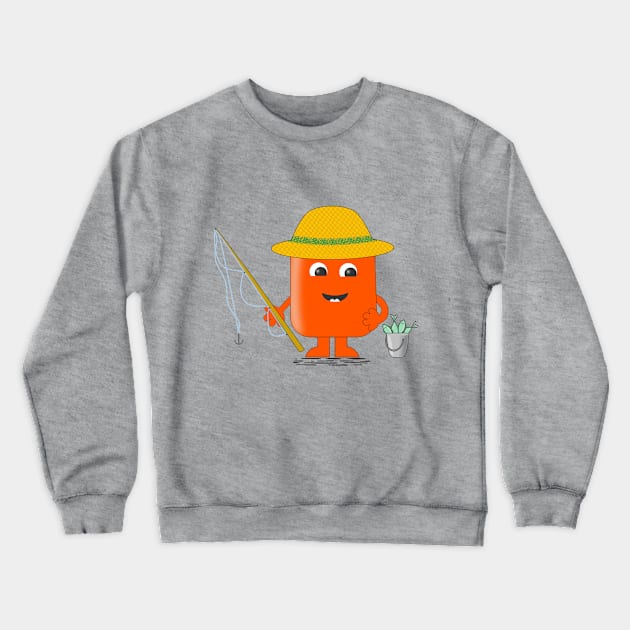 Cute fisherman with a fishing rod and a bucket of fish Crewneck Sweatshirt by Vector Universe